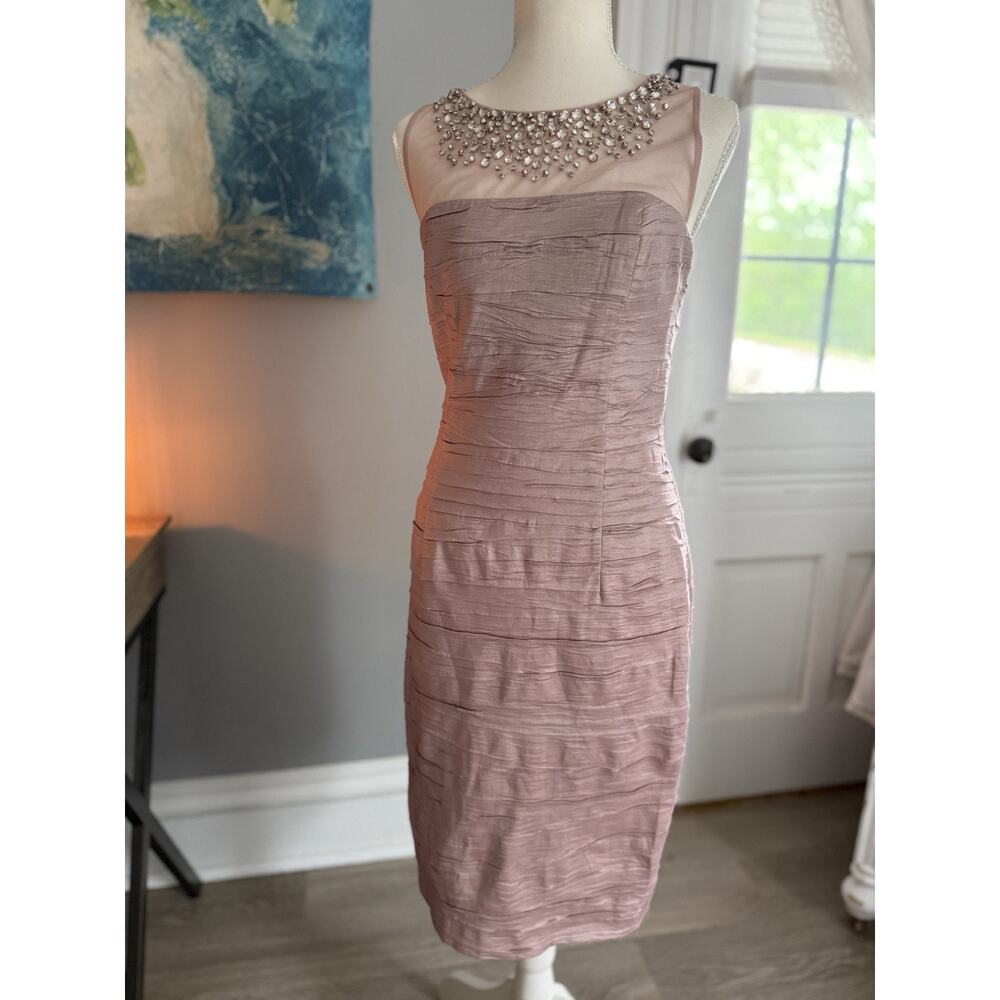 Eliza J Taupe Satin Portrait Neck Ruched Surplice Cocktail Sheath Dress Size 6